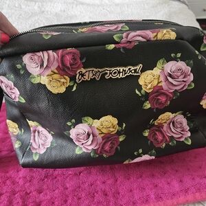 Betsey Johnson Black Floral Cosmetic Bag - Pink & Yellow Rose Print